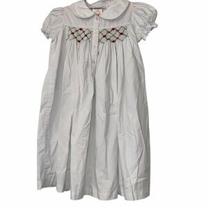 Secret Wishes White Smocked Dress with Red & Green Embroidery button front Sz 5